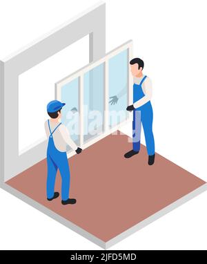Renovation repair works isometric composition with pair of workers installing new window vector illustration Stock Vector