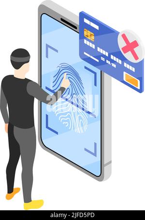 Isometric icon of hacker character and smartphone protected with fingerprint recognition technology vector illustration Stock Vector