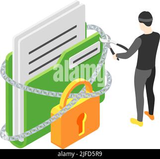 Isometric concept with hacker breaking chain to get personal data 3d vector illustration Stock Vector
