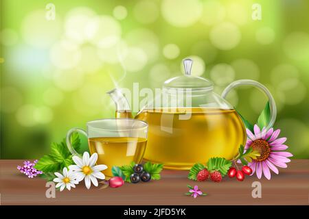 Realistic background with green tea in cup and pot herbs flowers and berries on wooden surface vector illustration Stock Vector