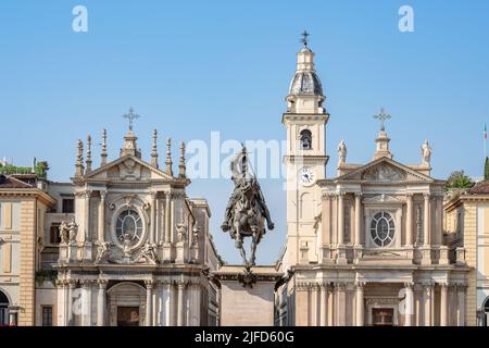 Turin, Italy. June 16, 2022. View of Piazza San Carlo with its famous churches and the equestrian statue of Emanuele Filiberto Stock Photo