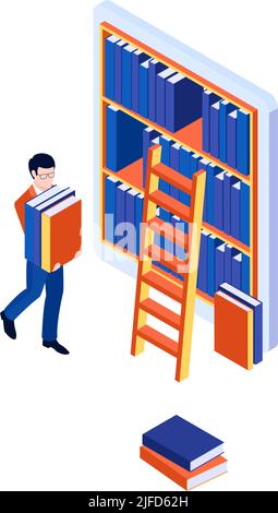Online library concept with isometric bookcase on tablet screen and man carrying books vector illustration Stock Vector