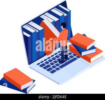 Isometric online library concept with computer and man choosing book 3d vector illustration Stock Vector