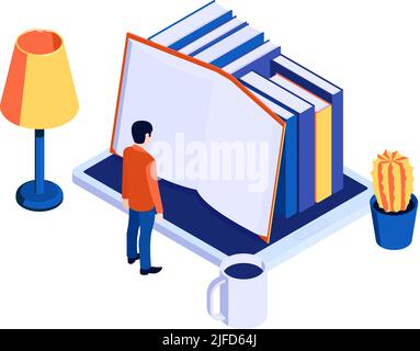 Isometric icon with character reading electronic books on tablet 3d vector illustration Stock Vector
