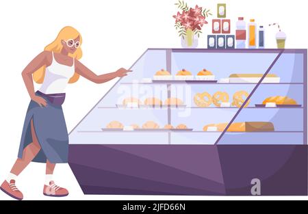 Bakery set flat composition with female character choosing croissant on shop display vector illustration Stock Vector
