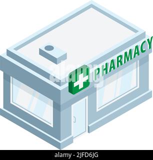 Pharmacy building exterior with green sign isometric icon on white background vector illustration Stock Vector