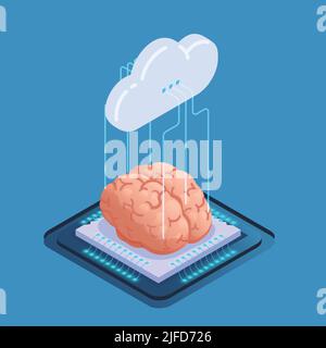 Artificial intelligence isometric composition with concept cloud icon wires and human brain on silicon chip platform vector illustration Stock Vector