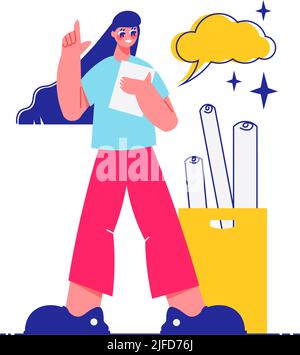 Brainstorm team work composition of female character with thought cloud and bunch of drafts vector illustration Stock Vector