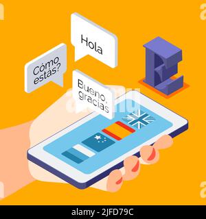 Language courses isometric background composition with learning spanish real life conversation online hand holding smartphone vector illustration Stock Vector