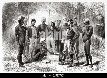 French emissary giving gifts to New Caledonian natives, New Caledonia. Journey to New Caledonia by Jules Garnier 1863-1866 from Le Tour du Monde 1867 Stock Photo