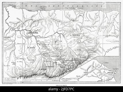 Old map of the region of Kabylia. Northern Algeria, Africa. Excursion ...