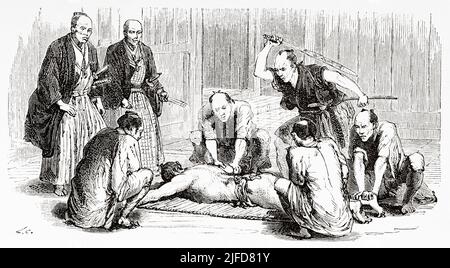 Flogging applied to a defendant in the presence of the governor and the prison doctor, Tokyo. Japan, Asia. Journey to Japan by Aime Humbert 1863-1864 from Le Tour du Monde 1867 Stock Photo