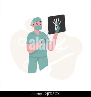 The surgeon shows a picture of the arm in the background circles and instruments Stock Vector