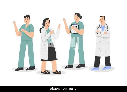 Doctors stand in a row or a team of doctors stands next to a group of doctors Stock Vector