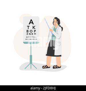 The optometrist stands with a pointer and points to a stand to test vision Stock Vector