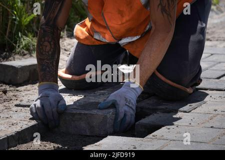 Road worker with knee pads and gloves lays a heavy stone in a sand bed with his hands. A sidewalk is being made Stock Photo
