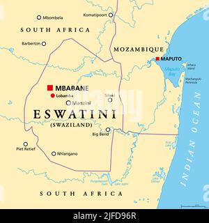 Eswatini, formerly named Swaziland, political map, with the capitals Mbabane and Lobamba. Landlocked country in Southern Africa. Stock Photo