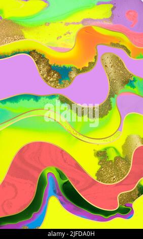 Gold dust and waves on fluorescent inks background Stock Photo