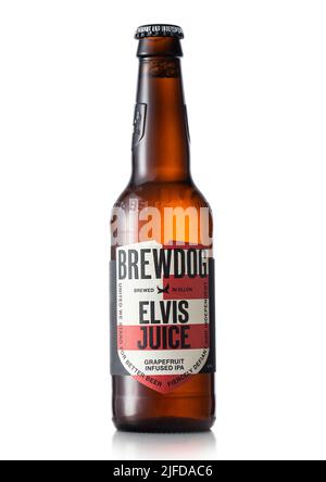 LONDON,UK - MAY 29, 2022: Bottle of Elvis Juice grapefruit ipa beer by Brewdog on white. Stock Photo