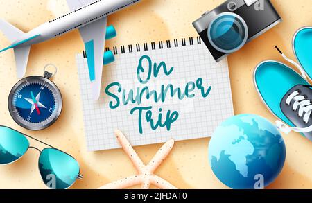 Summer vacation vector concept design. Summer trip text with 3d notepad, airplane and compass travel elements for beach holiday tour. Vector Stock Vector