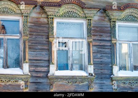 Glasses covered with frost in an old wooden house Stock Photo