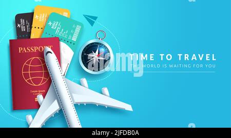 Travel time vector background design. Time to travel text in blue space with 3d tourist elements of airplane, passport and tickets for around Stock Vector