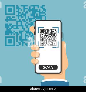 QR code scan icon in flat style. Mobile phone scanning vector illustration on isolated background. Barcode reader sign business concept. Stock Vector