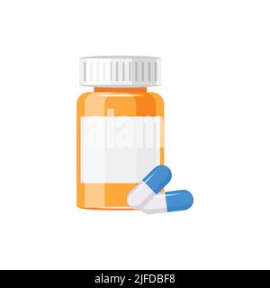 Pill bottle icon in flat style. Medical capsules vector illustration on white isolated background. Pharmacy sign business concept. Stock Vector