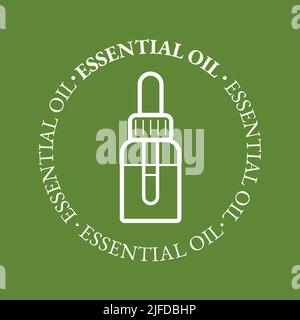 Essential oil bottle symbol with text. Aromatherapy and cosmetic oil icon. Flat vector illustration Stock Vector