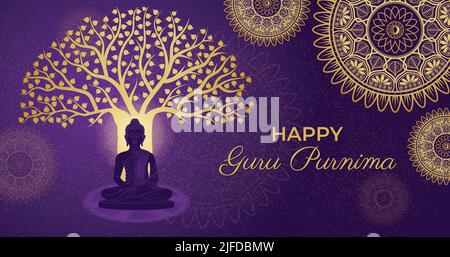 Happy Guru Purnima Gautama Buddha, Bodhi Tree, Golden Ornate Luxury Mandala Background. Traditional Festival Horizontal Poster Banner Template Vector Stock Vector