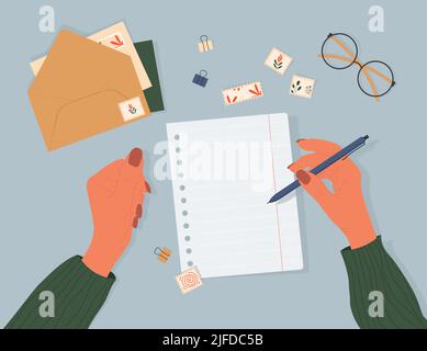 Writing a letter. Pen in hand. mail to be sent. Stock Vector