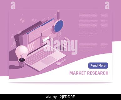 Market research web banner with laptop key magnifying glass light bulb envelope with password isometric icons vector illustration Stock Vector