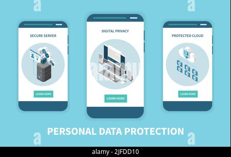 Set of three vertical digital privacy data protection banners with learn more buttons and isometric icons vector illustration Stock Vector