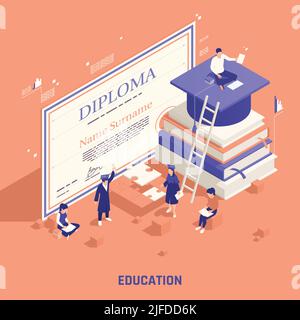 Self promotion branding strategies education isometric composition with marketing degree diploma online presence communication courses vector illustra Stock Vector