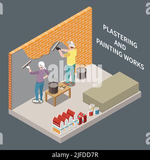 Isometric room renovation concept with two people plastering and painting brick walls isometric vector illustration Stock Vector