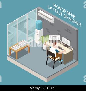 Male layout designer working on computer at editorial office with printed newspapers on table isometric vector illustration Stock Vector