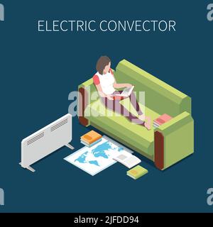 Woman reading on sofa with electric convector heating room 3d isometric vector illustration Stock Vector