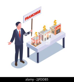 Franchise and business isometric concept with trademark expansion symbols vector illustration Stock Vector