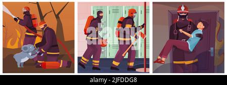 Fire fighting set of flat compositions rescue of survivors team work ...