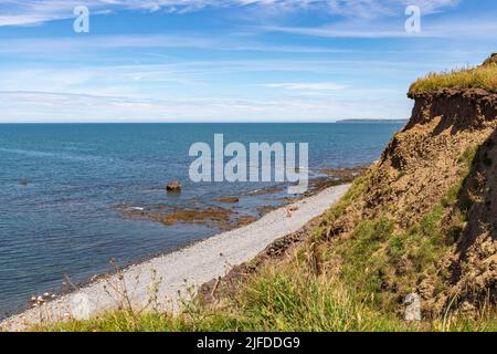 Cliff Top, Scenic View of Greencliff Beach, With Pebbles, Crumbling Cliff, Dropping Tide & Coastal View Looking Towards Croyde: Greencliff #2, Stock Photo