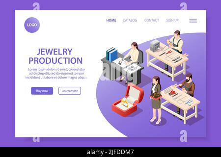 Jewelry production isometric web site landing page with jeweler characters editable text clickable buttons and links vector illustration Stock Vector
