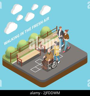 Elderly people professional social help service isometric composition with text and park lane with walking people vector illustration Stock Vector