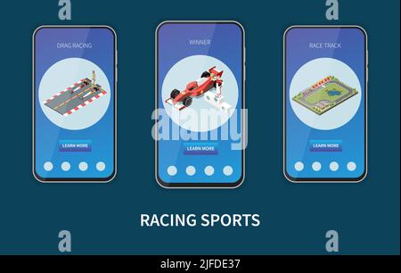 Car race isometric set of vertical banners inside mobile frames with images and clickable page buttons vector illustration Stock Vector