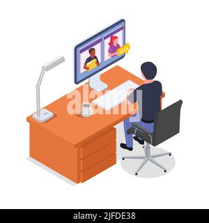 Isometric concept of remote management with male character working remotely on computer on white background 3d vector illustration Stock Vector