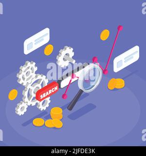 Isometric app optimization colorful concept with search bar magnifying glass money graph on blue background 3d vector illustration Stock Vector