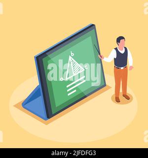 Online learning isometric concept with tablet and character of maths teacher holding pointer 3d vector illustration Stock Vector