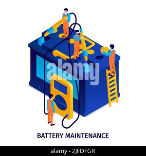 Car maintenance isometric design concept with big icon of battery and little characters of working staff vector illustration Stock Vector