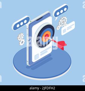 Application store optimization 3d concept with isometric target with arrow on smartphone monitor vector illustration Stock Vector