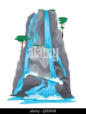 Nature cartoon object of waterfall falling from top of mountain isolated on white background vector illustration Stock Vector