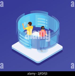 People in augmented glasses touching virtual screen isometric concept on blue background vector illustration Stock Vector